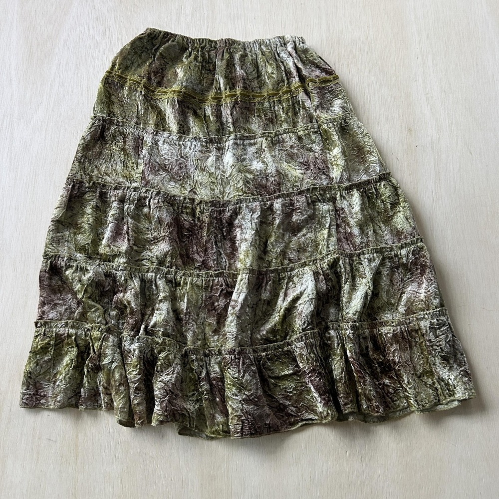 Y2K Boho Skirt Crushed Velvet Peasant Midi Tiered Lace Dimri Womens M Green